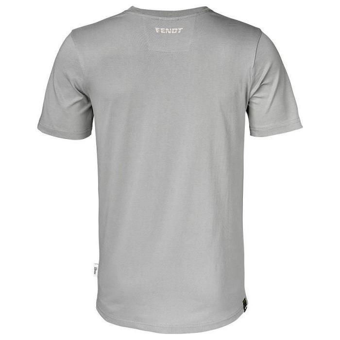 Back view of the AGCO Fendt - Men's T-shirt Print - X99102017C, a gray pure cotton, round-neck T-shirt featuring a small label at the neck and a tag on the lower side seam.
