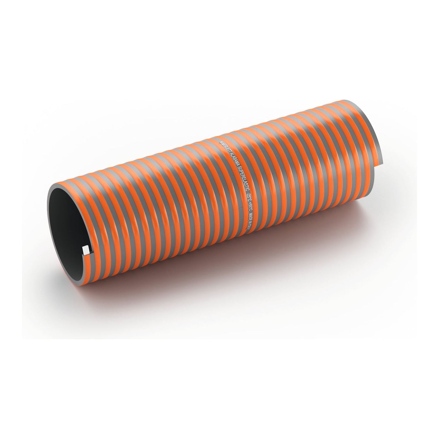 A cylindrical object, resembling the Sparex PVC Slurry Hose - Rectangular Helix (Merlett Alabama) with a 152.4mm (6'') hose ID, featuring alternating orange and black stripes, laying horizontally on a white surface.