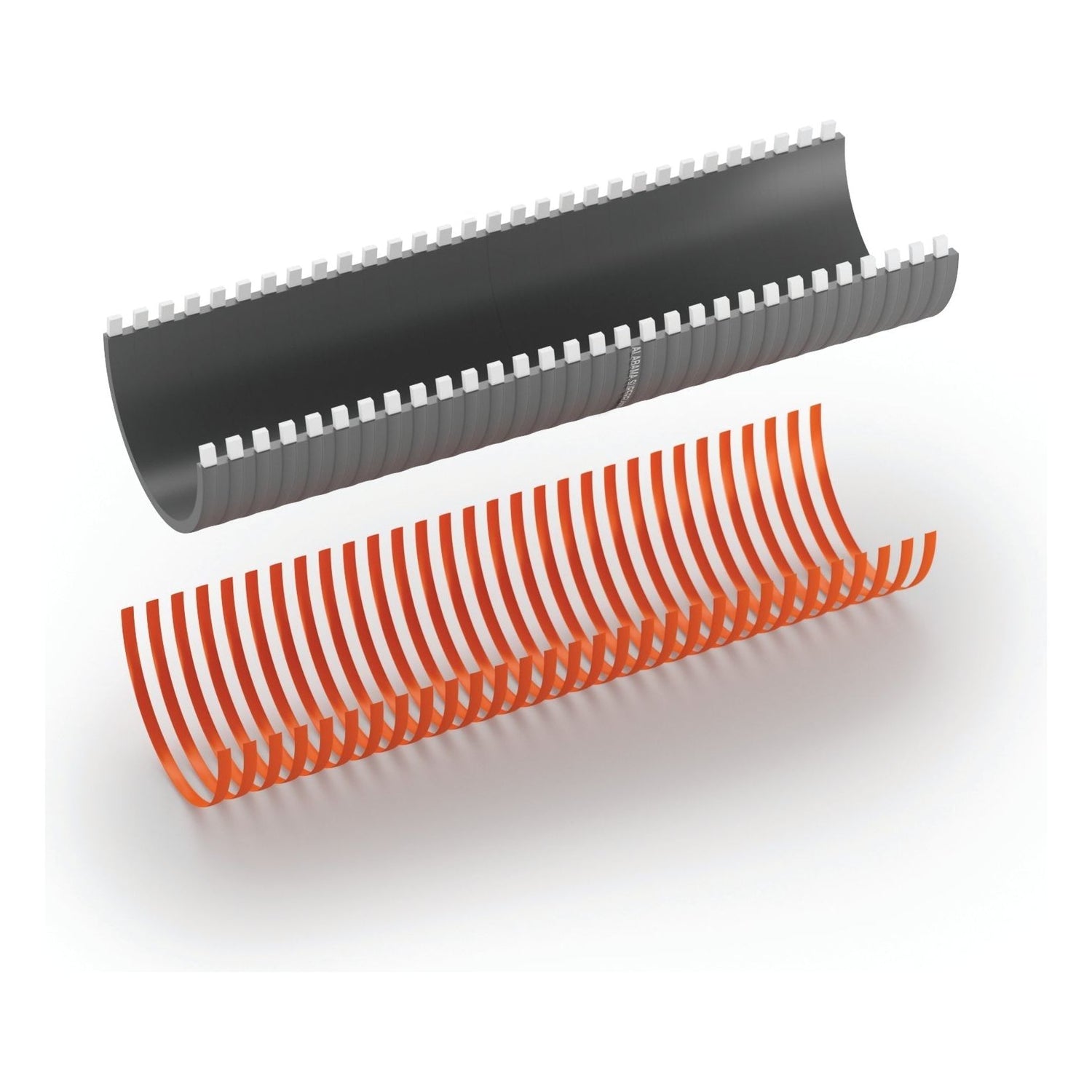 A black cylindrical object with a white gear-like edge, alongside an orange curved structure with evenly spaced vertical slats, similar to the Sparex PVC Slurry Hose - Rectangular Helix (Merlett Alabama), Hose ID: 152.4mm (6'') - S.72357.