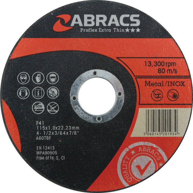 A close-up of a Sparex Metal | INOX Slitting Disc, ⌀115 x 1 x 22.23mm A60TBF - S.13345, suitable for metal/INOX applications. It operates at a maximum of 13,300 rpm and has dimensions equivalent to 4-1/2 x 3/64 x 7/8 inches. Manufacture information and barcode are visible on the side.