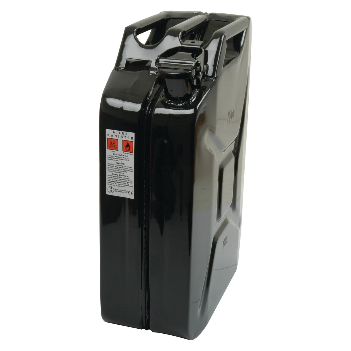 The Sparex Metal Jerry Can - Black 20 ltr(s) (Diesel), identified by Sparex Part No.S.21697, is a black rectangular metal jerry can that has a 20-liter capacity and features a label with hazard symbols.