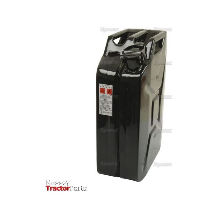 A Metal Jerry Can - Black 20 liters (Diesel) by Sparex, featuring a handle and a pouring spout, marked with safety labels, displayed against a white background.