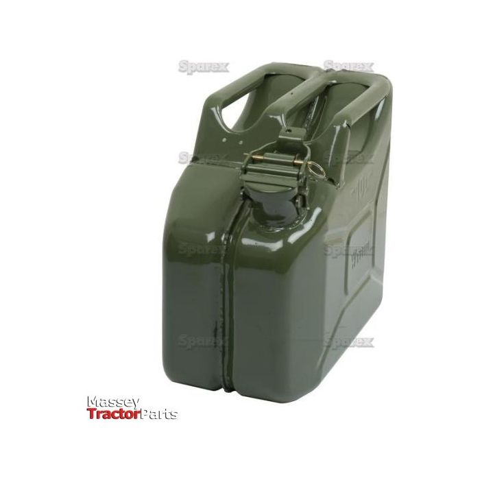 The Sparex Metal Jerry Can - Green 10 litres (Unleaded Petrol), part number S.21692, features a handle and spout, making it ideal for storing and transporting liquids like unleaded petrol.