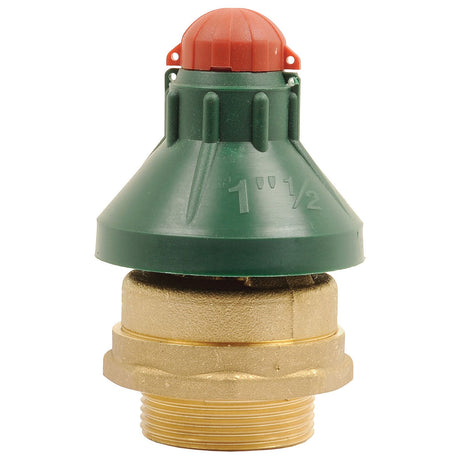 A brass fitting from Sparex labeled "Depression valve 1 1/2'' | Sparex Part No.S.79297," featuring a plastic, cone-shaped cover in green and a red cap. It is suitable for Battioni Pagani Vacuum Pumps and compatible with MEC & MECII models.
