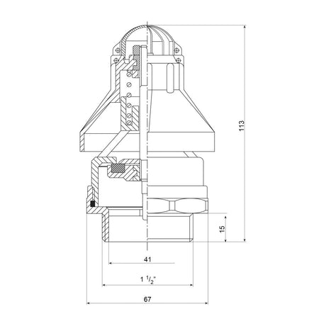 The technical drawing of a machine component features detailed sectional views with annotated measurements, including dimensions of 67, 41, and 113 units. This schematic is essential for those working with the Sparex Depression Valve 1 1/2'' (Sparex Part No. S.79297) to ensure precision in assembly and maintenance.