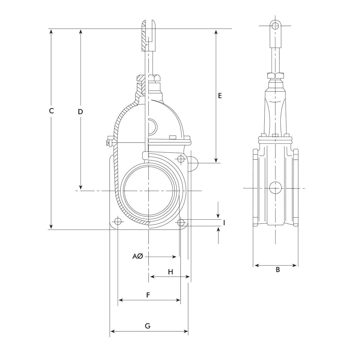 Technical drawing of the Sparex Gate valve - Double flanged - Heavy duty 6'' (S.59477), featuring front and side views with labeled dimensions A through H and angles, showcasing its double-flanged design for maximum pressure applications.