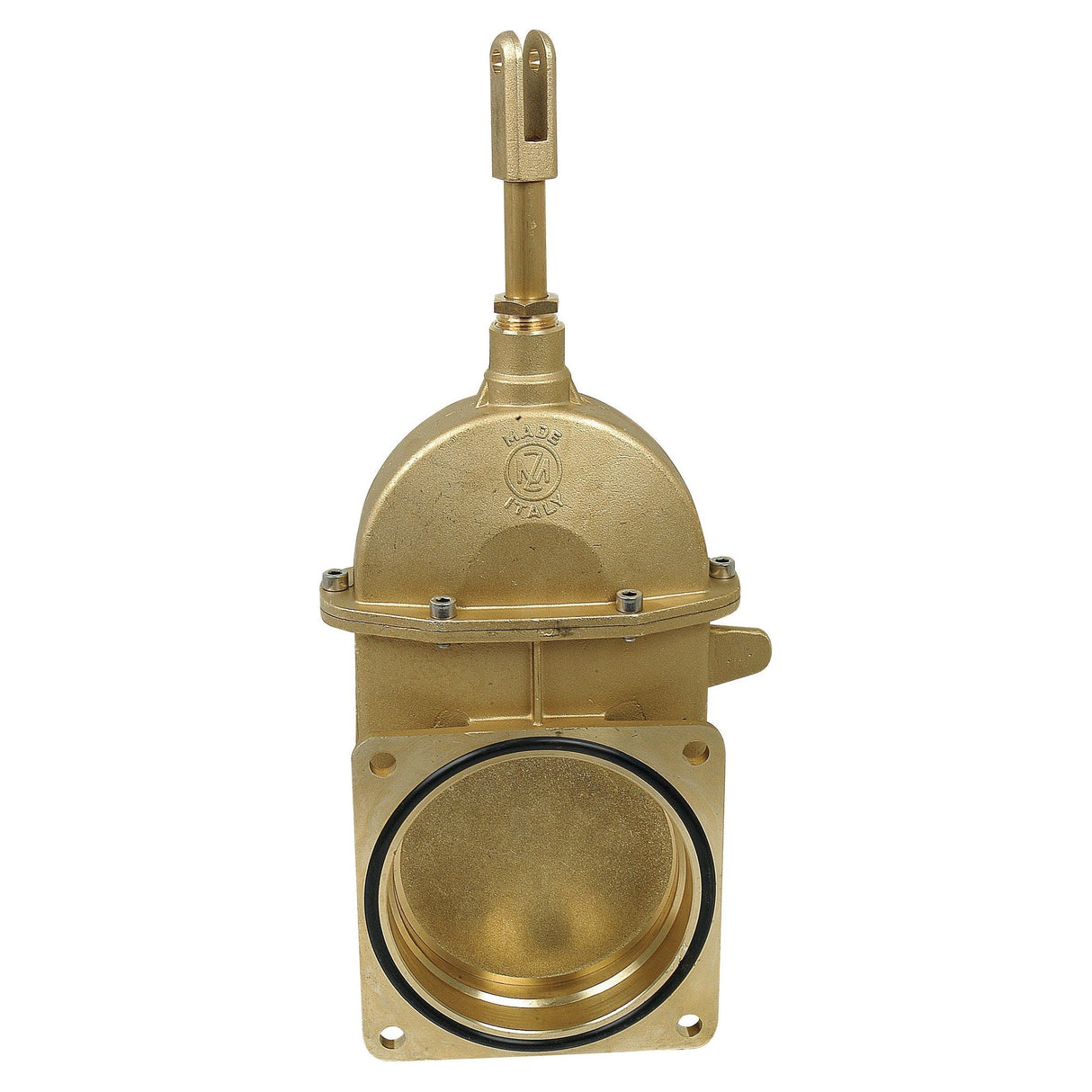 The Sparex Gate Valve - Double Flanged - Heavy Duty 6" (S.59477) is crafted from durable brass and features a round opening with a top handle, displayed in an open position. It includes visible markings and front-facing bolts, designed for maximum pressure applications and ensuring secure installation with its double flanged configuration.