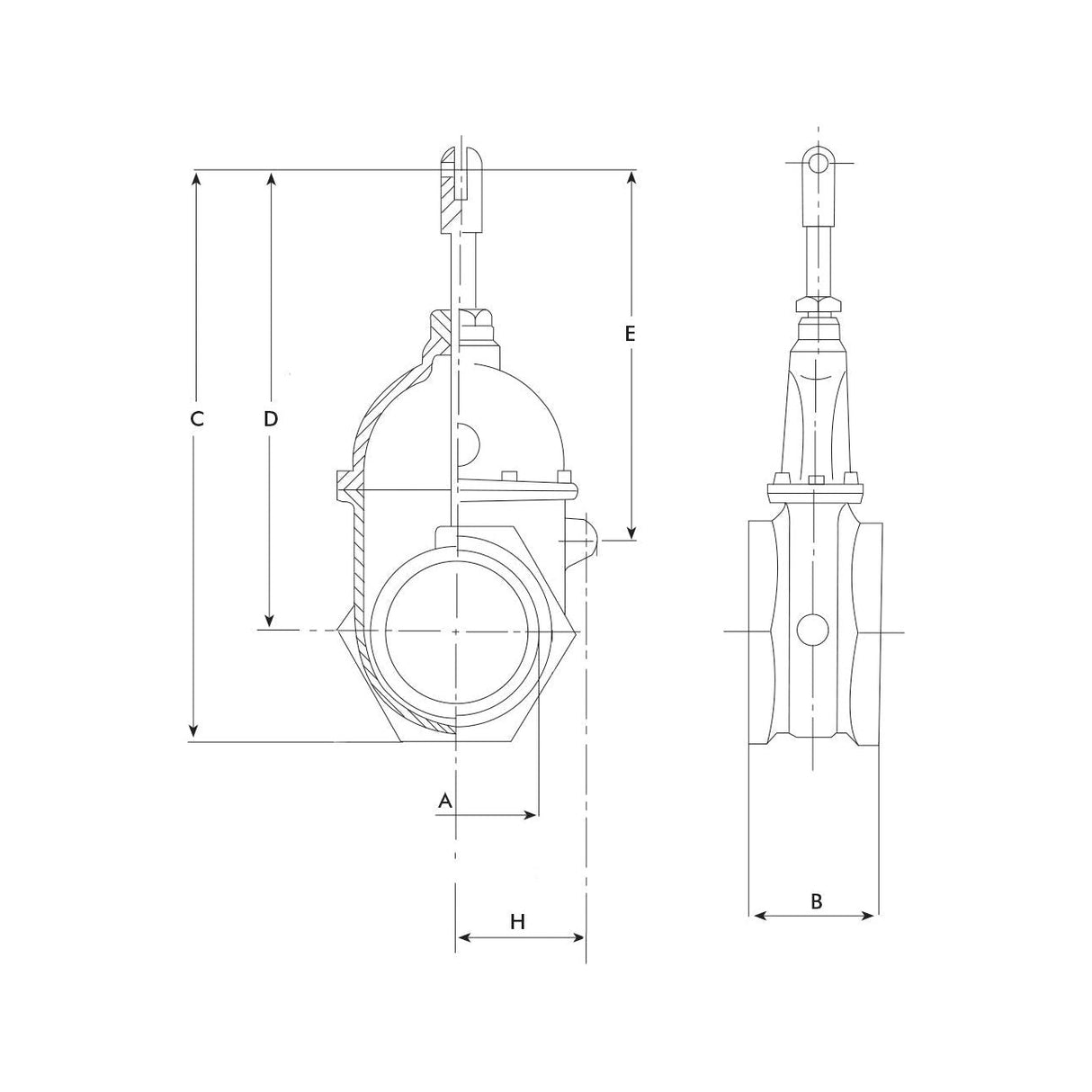 Technical drawing of a Sparex Gate Valve (Heavy Duty 6", Double Threaded - S.59475), shown in front and side views, with labeled dimensions A, B, C, D, E, and H. This heavy duty valve features a double threaded design for enhanced durability.