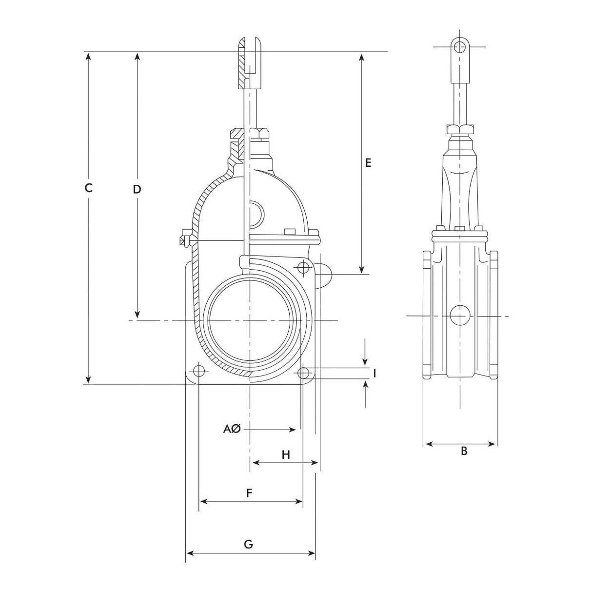 Technical drawing of a Sparex Gate valve - Flanged/Threaded 6'' - S.59476 with various measurements labeled, including dimensions for height, width, and depth from different angles, as well as temperature range and max. pressure.