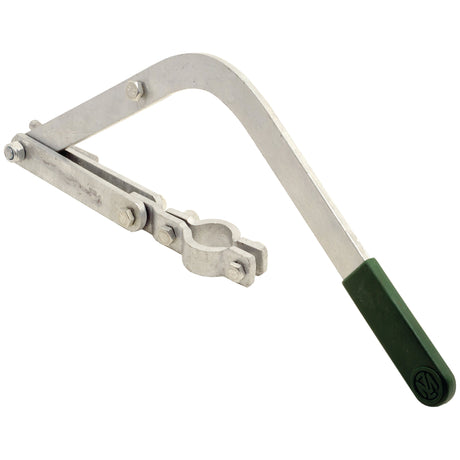 A Sparex Gate valve lever 4, 5 & 6'', Part No. S.79296, equipped with a hinged arm and a green rubber grip, serving as an alternative to: 156655, perfect for clamping or securing objects.