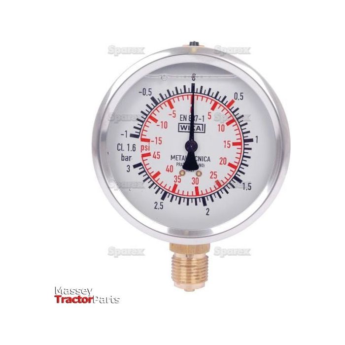 Close-up of a 100mm round Glycerin pressure gauge from Sparex with a white face, red and black markings, and a brass connector at the bottom. The gauge measures in both psi (-15/+45 psi) and bar (-1/+3 bar) and is identified as Sparex Part No. S.59481.