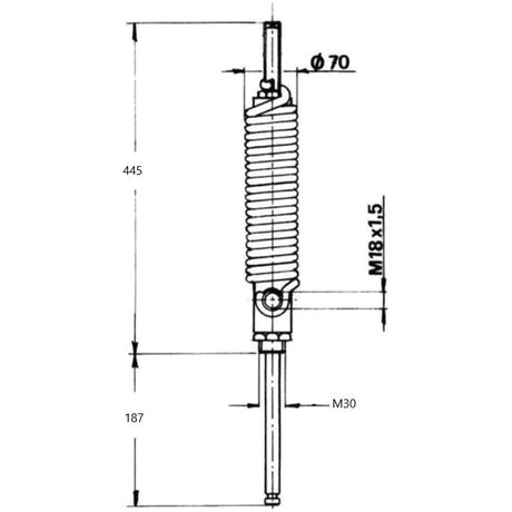 Technical drawing of the Sparex Oildynamic ram with spring S.79120: overall length 445 mm, lower section 187 mm, diameter Ø70 mm, thread size M18x1.5 and M30 at the bottom. For full product specifications and height (632mm), refer to the detailed schematics.