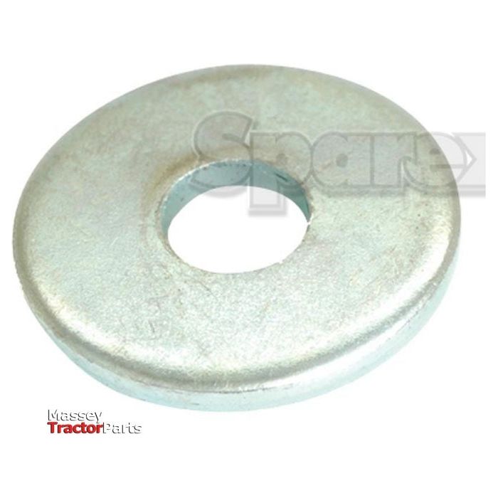 A close-up image of a zinc-plated Metric Body Washer (ID: 5mm, OD: 18mm, Thickness: 2mm), adhering to DIN 440R standards with Sparex Part No. S.50067, featuring a central hole. The background displays faint, partially visible text reading "Spare" and a logo with the words "Massey Tractor Parts" in the corner.
