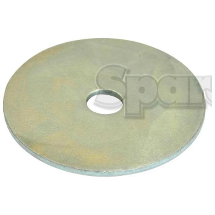 A close-up image of a large metallic washer, featuring a central hole. The washer is plain, with a flat, circular shape and a smooth surface. This Sparex Zinc Plated Metric Body Washer (DIN 440R), ID: 5mm, OD: 30mm, Thickness: 1.3mm (Sparex Part No. S.51097) showcases durability. A partial, blurred background graphic is present.