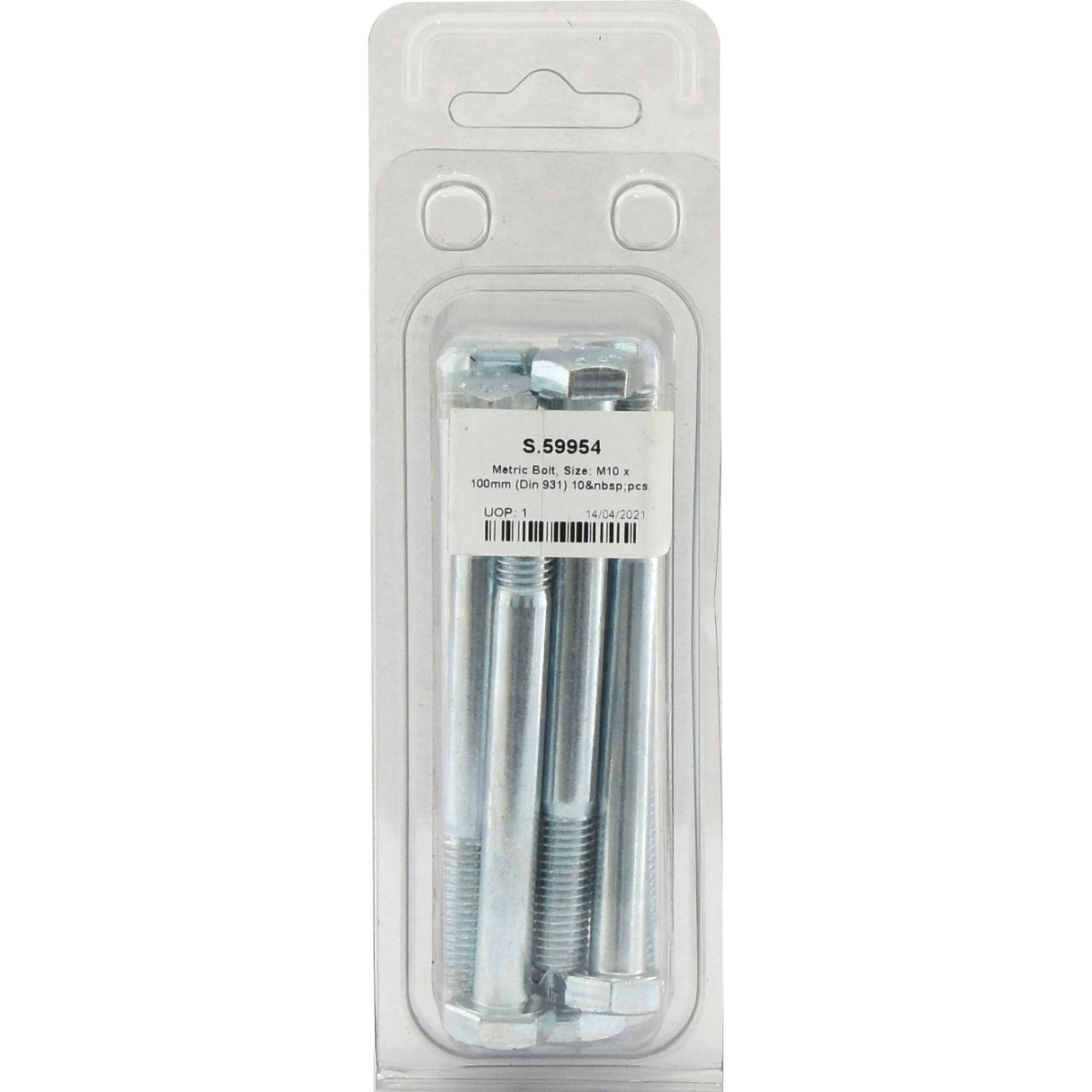 A plastic package containing multiple zinc-plated steel bolts and nuts, labeled "Sparex S.59954 Metric Bolt, M10x100mm (DIN 931) 10 pieces.