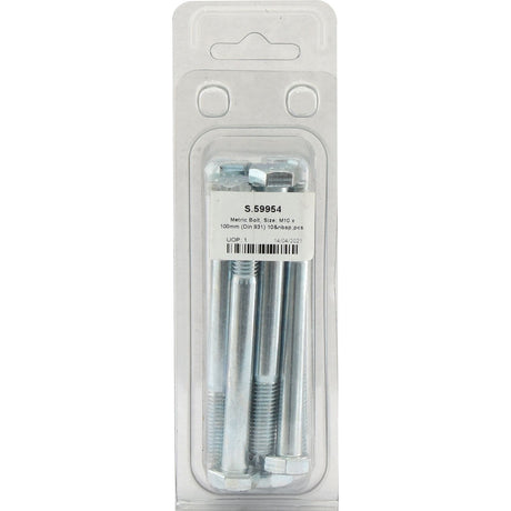 A plastic package containing multiple zinc-plated steel bolts and nuts, labeled "Sparex S.59954 Metric Bolt, M10x100mm (DIN 931) 10 pieces.