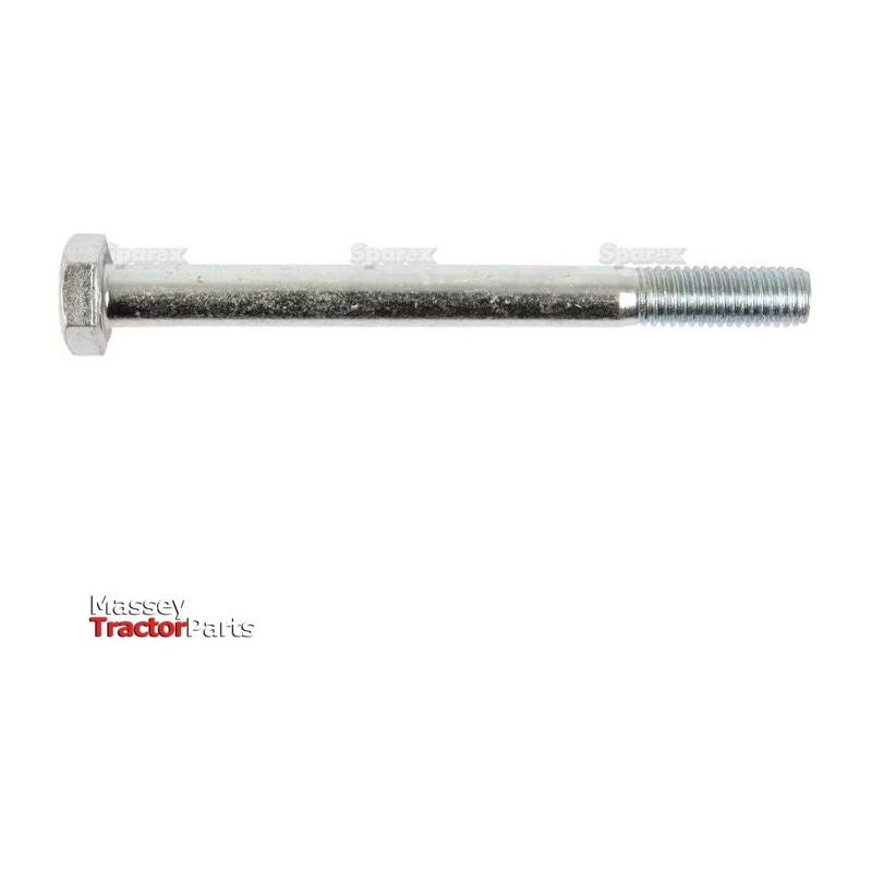 A long, metallic hex bolt with threading on one end, displayed against a white background. The words "Massey Tractor Parts" are visible in the lower left corner. This Grade 8.8, zinc plated Metric Bolt M10x110mm (DIN 931) from Sparex ensures durability and corrosion resistance for your mechanical needs.
