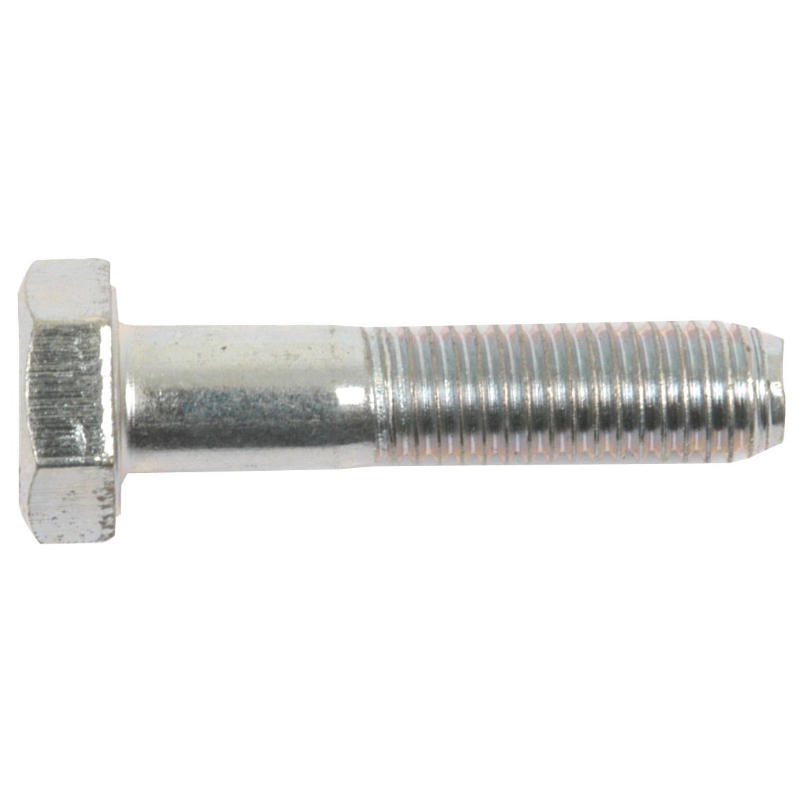 A close-up view of the Sparex Metric Bolt M10x45mm (DIN 931) with a threaded body and flat head, shown against a white background. This zinc-plated metric bolt (Sparex Part No. S.53714) shines vividly, highlighting its precision engineering and durability.