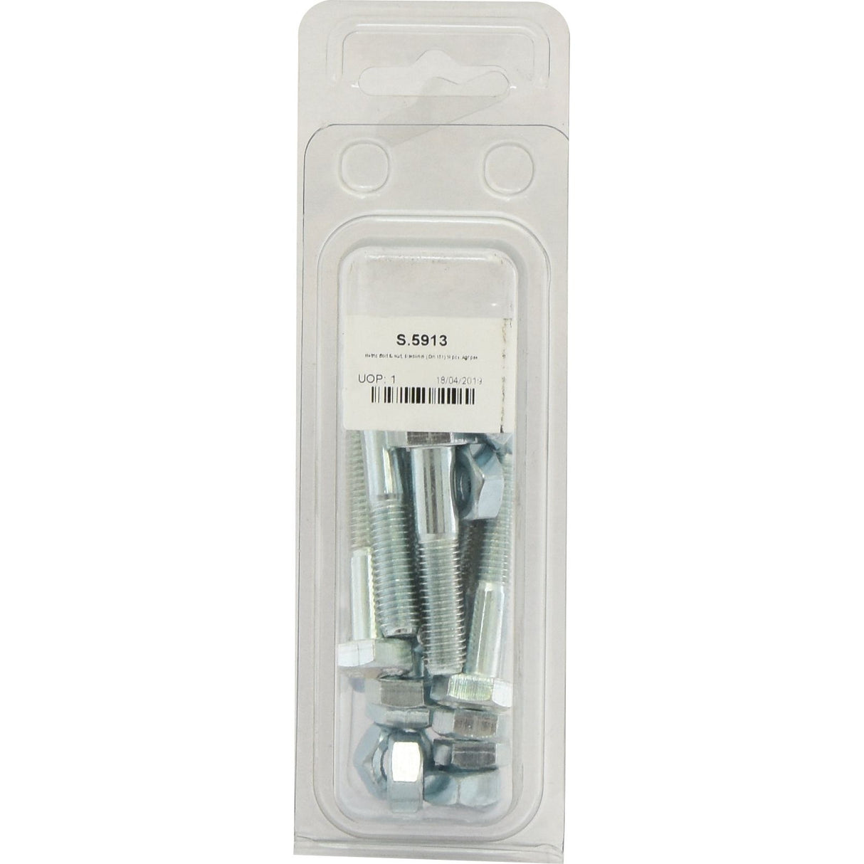 Packaged set of Sparex Metric Bolt, M10x50mm (DIN 931, DIN 934) – 10 pcs. Agripak in transparent plastic blister packaging with a label that includes text and a barcode.