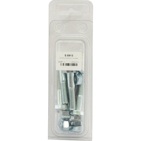 Packaged set of Sparex Metric Bolt, M10x50mm (DIN 931, DIN 934) – 10 pcs. Agripak in transparent plastic blister packaging with a label that includes text and a barcode.