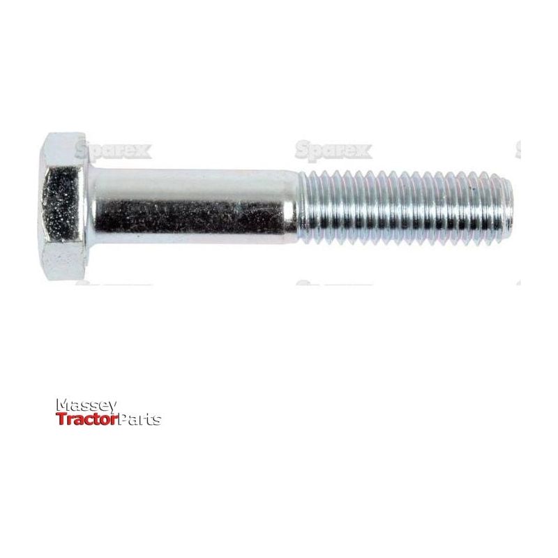 A Metric Bolt M10x55mm (DIN 931) from Sparex, featuring a hexagonal head and partially threaded shaft with a tensile strength of 8.8 and zinc plating, is displayed against a white background. The Massey Tractor Parts logo appears in the bottom left corner.