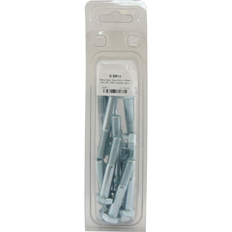 A pack of Sparex Metric Bolts, M10x60mm (DIN 931, DIN 934), tensile strength 8.8, neatly arranged in a clear plastic packaging featuring a label with specifications and a barcode. Includes 10 pieces in each Agripak package. Part No.: S.5914.