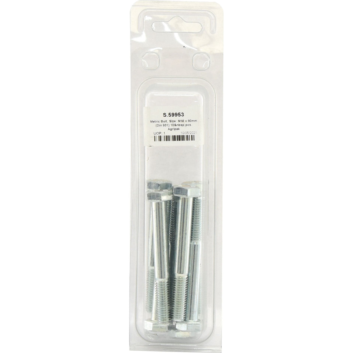 A plastic package containing ten zinc-plated silver metal bolts with hexagonal heads. The label on the package displays the product's item number, size, and barcode: Metric Bolt, M10x80mm (DIN 931) 10 pcs. Agripak | Sparex Part No.S.59953 from Sparex.