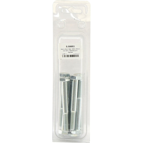 A plastic package containing ten zinc-plated silver metal bolts with hexagonal heads. The label on the package displays the product's item number, size, and barcode: Metric Bolt, M10x80mm (DIN 931) 10 pcs. Agripak | Sparex Part No.S.59953 from Sparex.