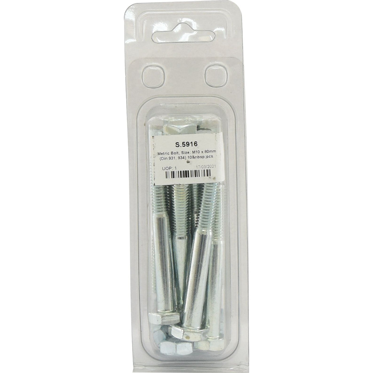 A pack of ten metric bolts (M10 x 80mm), zinc plated for extra durability, in a transparent plastic container labeled with product information and a barcode. The product name is "Metric Bolt, M10x80mm (DIN 931, DIN 934) 10 pcs. Agripak," and it is produced by Sparex under the part number S.5916.