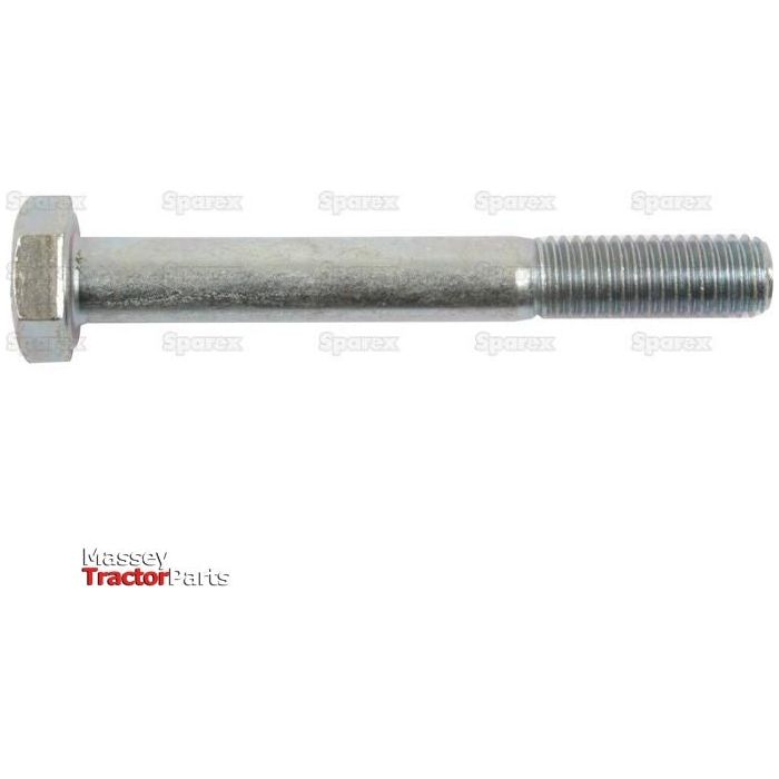 Image of a zinc-plated metal bolt against a white background, featuring threads on one end and a hexagonal head on the other. The background includes text indicating "Massey Tractor Parts" and identifies it as a Metric Bolt M10x80mm (DIN 931) by Sparex, with part number S.54739.