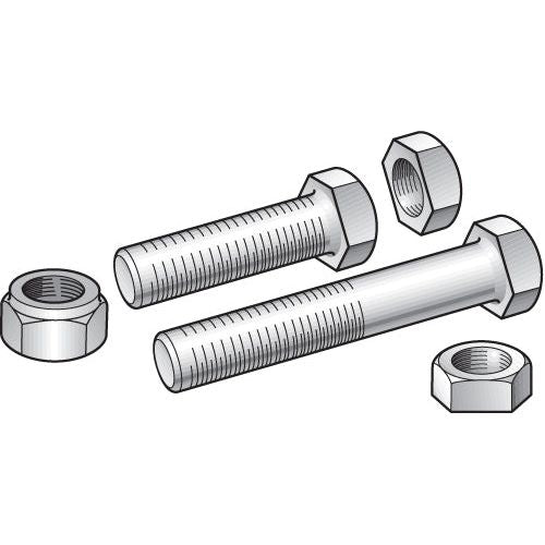 Illustration of two Sparex Metric Bolts (M10x80mm, DIN 960, Part No. S.51515), one partially threaded and the other fully threaded, with three hex nuts arranged around them.