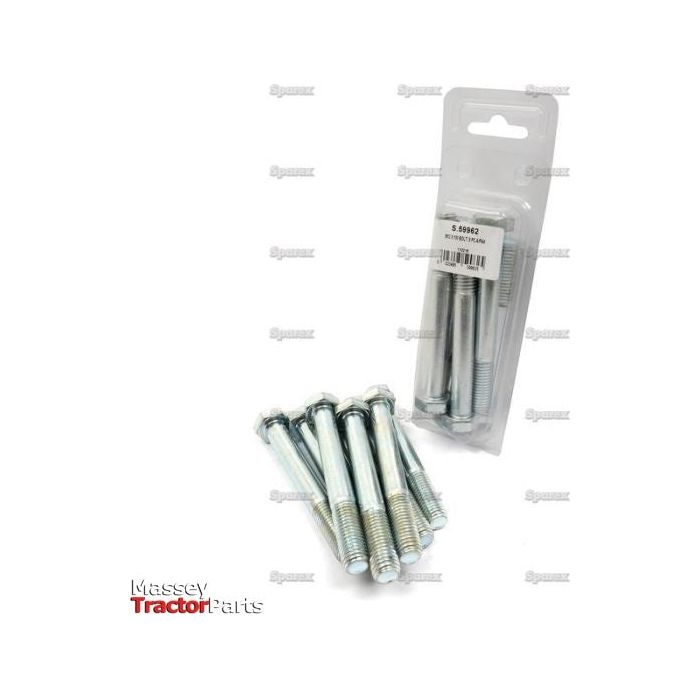 A set of six zinc-plated bolts, with four in the foreground and two M12x100mm bolts in a plastic package labeled "Agripak" with the barcode, branded as "Sparex" and listed under Sparex Part No. S.59962 for Massey Tractor Parts.