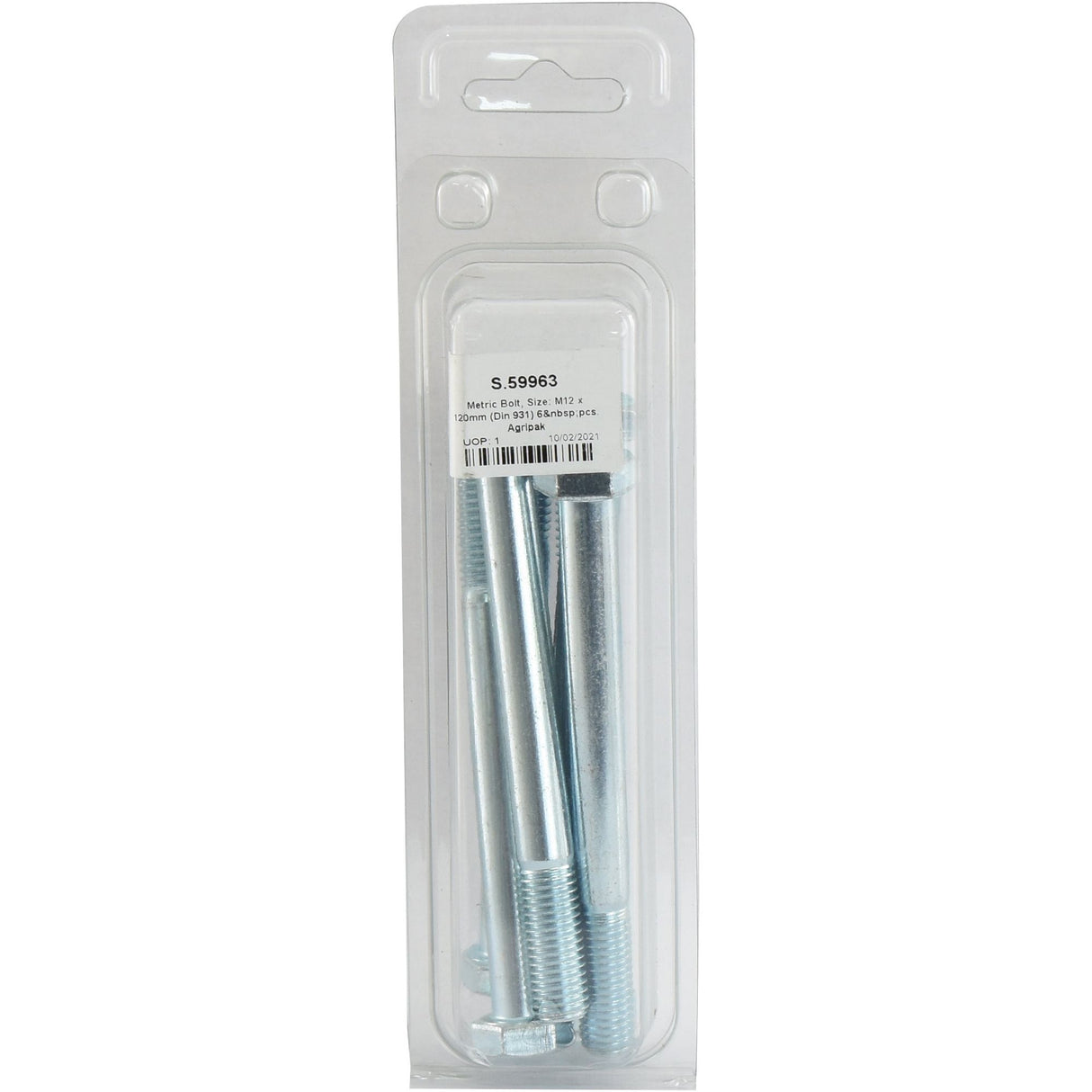 A clear plastic package labeled Agripak contains six zinc-plated, metric coarse metal bolts sized M12x120mm (DIN 931) from Sparex.