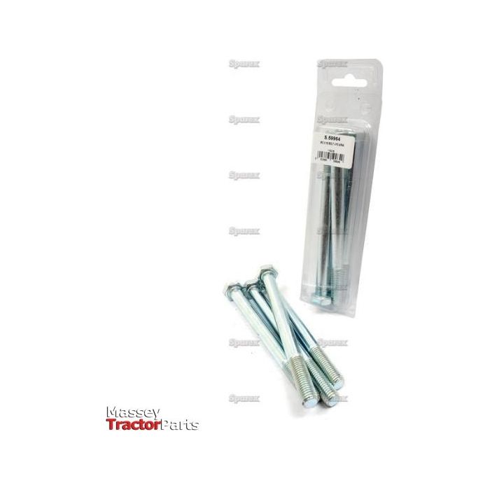 A package containing a set of Sparex Metric Bolts, M12x150mm (DIN 931), with four zinc-plated bolts lying in front of the Agripak package. The label on the package displays text and the background is plain white. The Sparex Part No. is S.59964.