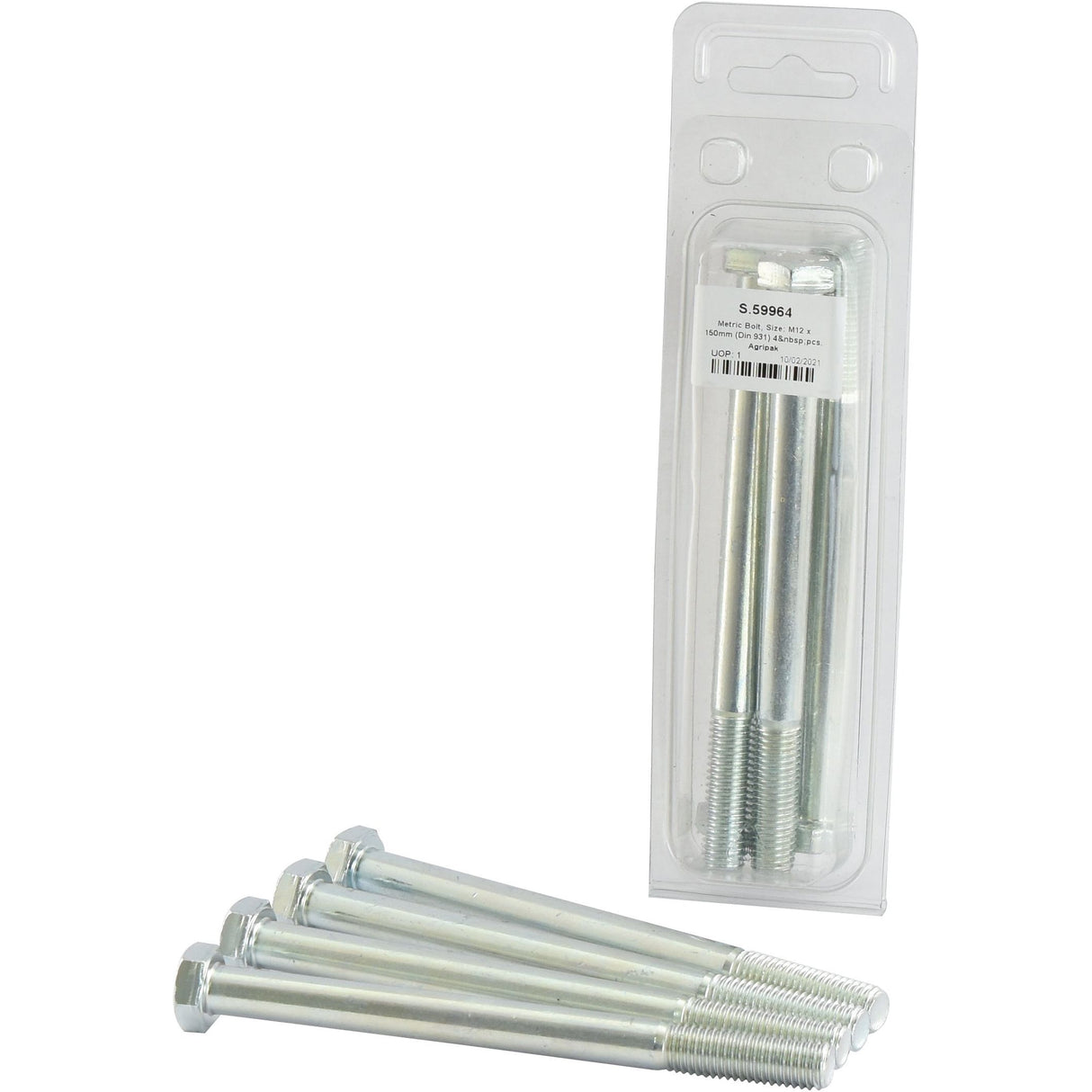A pack of long, zinc-plated metallic hex bolts featuring one bolt outside the Agripak case and three bolts inside clear plastic packaging. The product is identified as "Metric Bolt, M12x150mm (DIN 931) 4 pcs. Agripak" by Sparex, with Part No.S.59964.