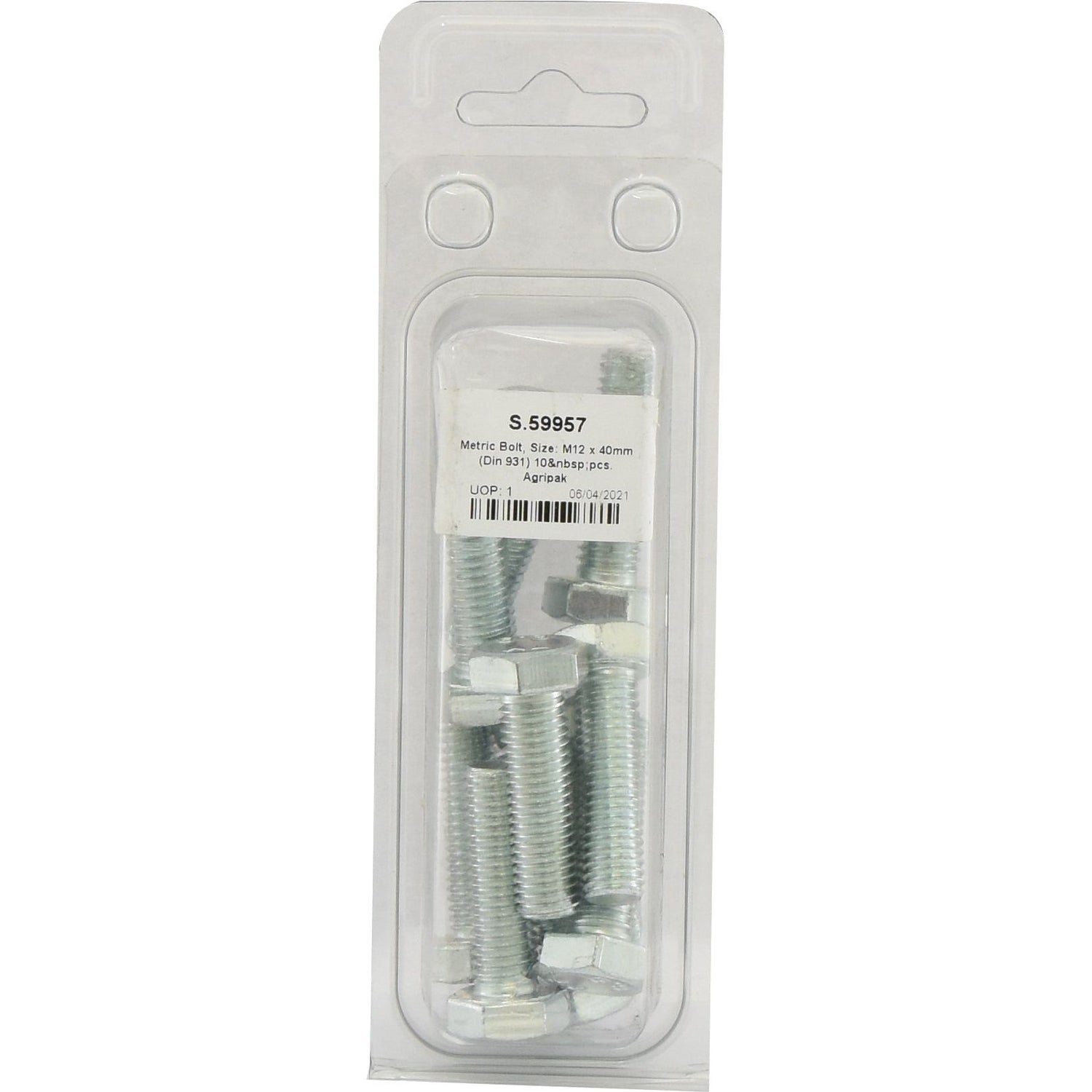 A plastic package labeled "Metric Bolt, M12x40mm (DIN 931) 10 pcs. Agripak | Sparex Part No.S.59957," containing several zinc-plated bolts from the brand Sparex.