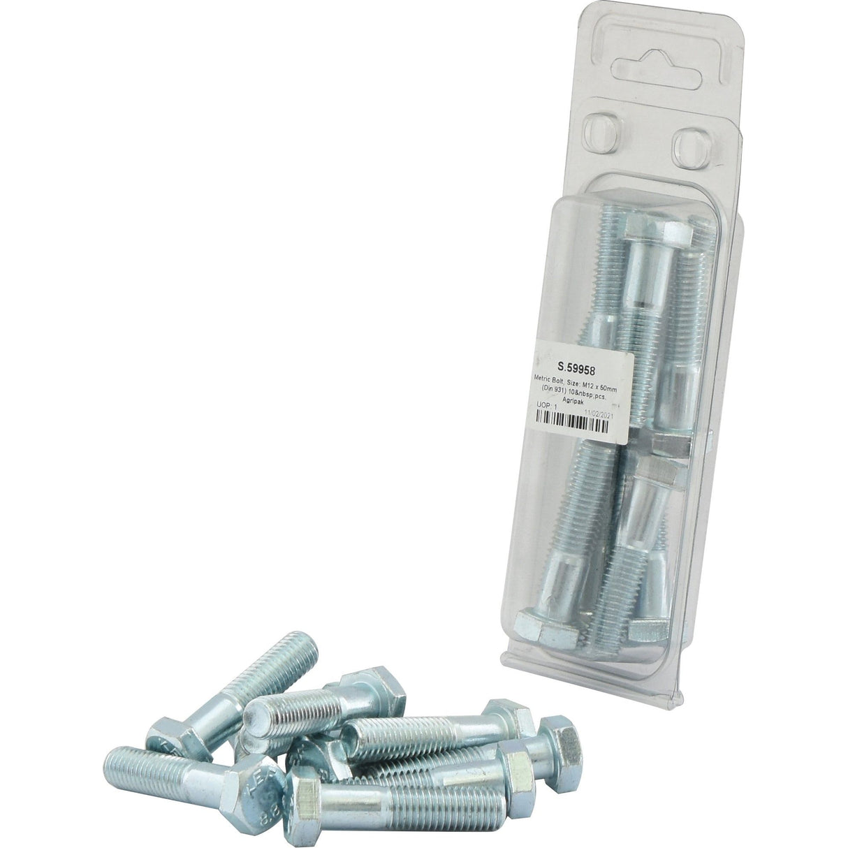 A group of metallic bolts is scattered in front of a clear plastic package containing more Zinc Plated Metric Bolts, M12x50mm (DIN 931), from Sparex. The package has a label reading "Metric Bolt, M12x50mm (DIN 931) 10 pcs. Agripak | Sparex Part No.S.59958.