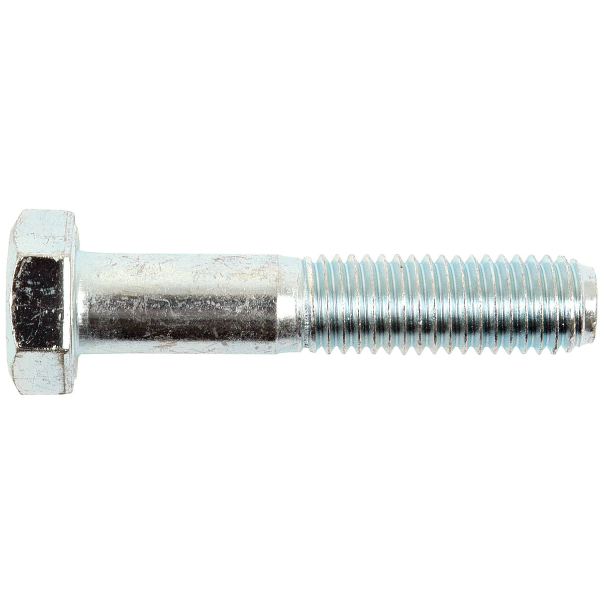 A close-up image of the Sparex Metric Bolt M12x60mm (DIN 931) | Sparex Part No.S.5776, featuring a zinc-plated finish and a threaded shaft. The bolt aligns with metric bolts standards and is oriented horizontally with the hexagonal head on the left and the threaded end on the right, showcasing its 8.8 tensile strength for robust performance.