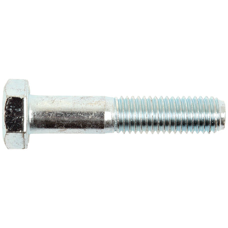 A close-up image of the Sparex Metric Bolt M12x60mm (DIN 931) | Sparex Part No.S.5776, featuring a zinc-plated finish and a threaded shaft. The bolt aligns with metric bolts standards and is oriented horizontally with the hexagonal head on the left and the threaded end on the right, showcasing its 8.8 tensile strength for robust performance.