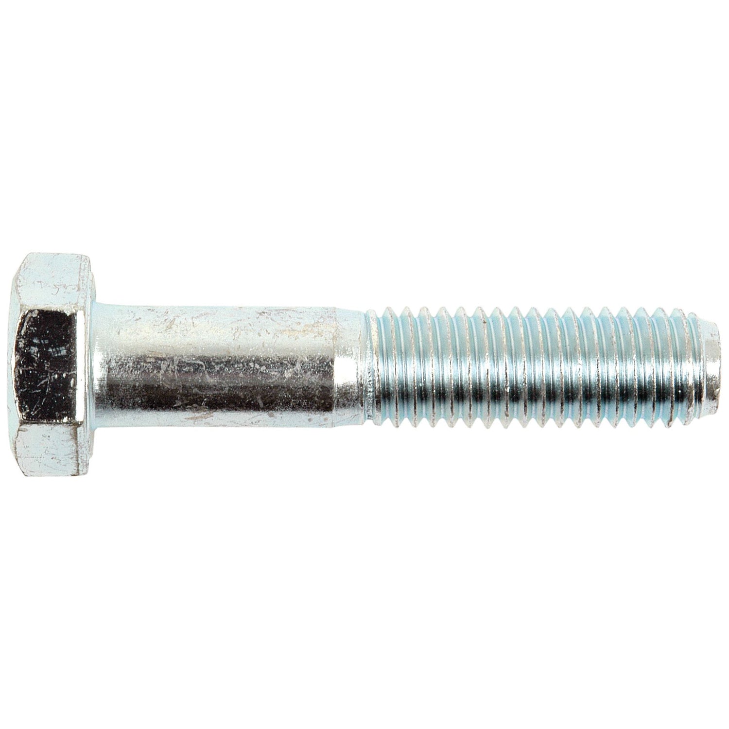 Close-up of a Metric Bolt M12x80mm (DIN 931) with a zinc plated threaded shaft from Sparex (Part No. S.5778).
