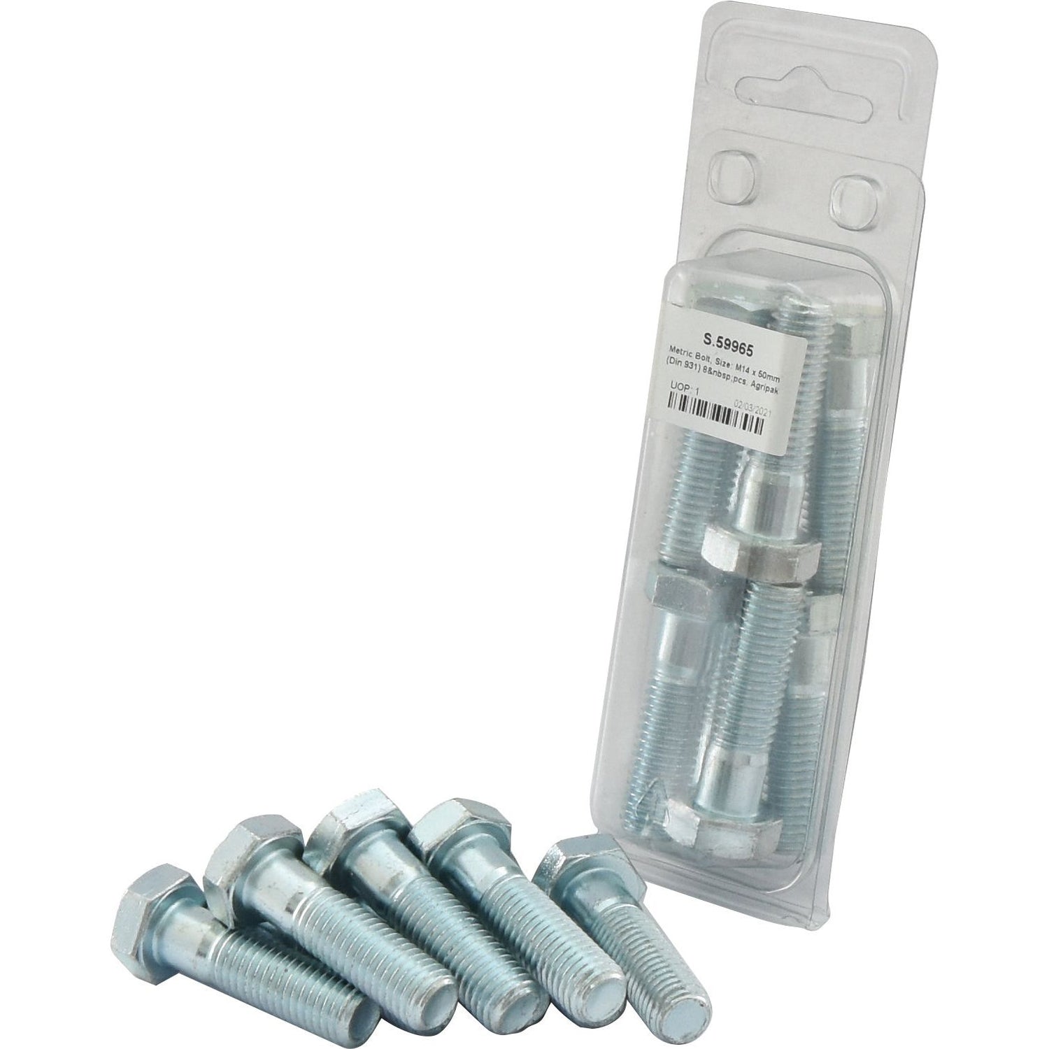 A package of eight metric bolts, M14x50mm (DIN 931), by Sparex (Part No. S.59965), with two visible bolts outside the sealed plastic packaging, each bolt featuring a threaded body and a hexagonal head.