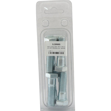 A plastic packaging containing eight zinc-plated metal hex bolts (M14x50mm). The product label, which is clearly visible on the package, details specifications and barcodes, indicating that these are metric coarse standard bolts. This set is marketed under the name "Metric Bolt, M14x50mm (DIN 931) 8 pcs. Agripak," branded by Sparex with Part No.S.59965.