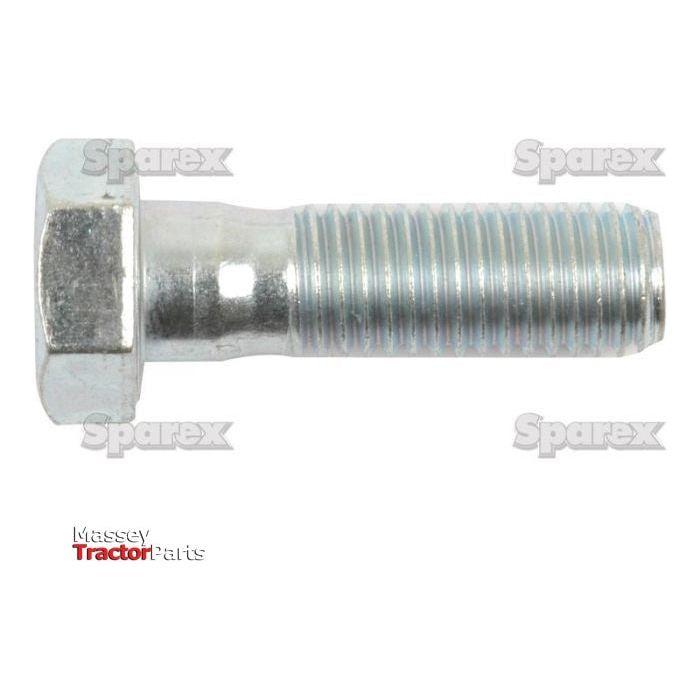 Close-up of a zinc-plated Metric Bolt M14x50mm (DIN 931) against a white background, with watermarks reading "Sparex" and a logo that says "Massey Tractor Parts.