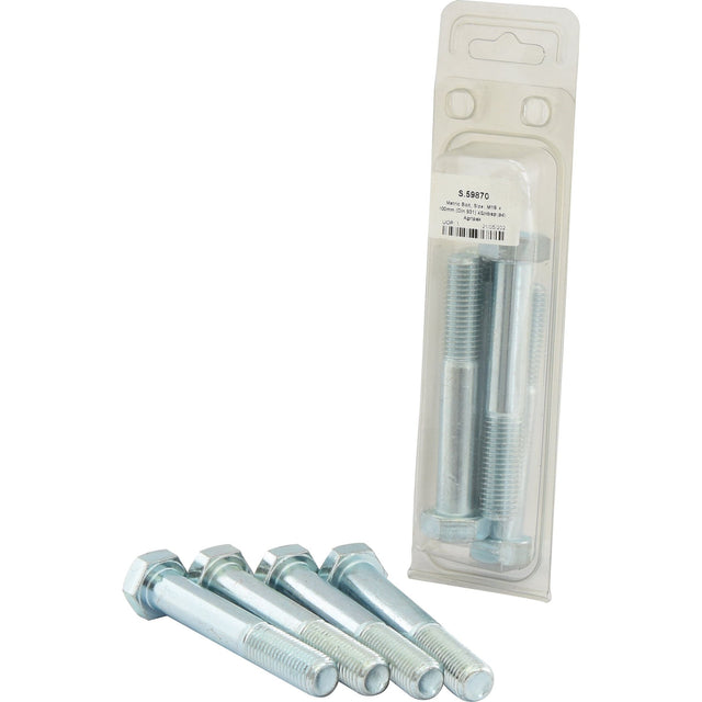 Four Metric Bolts, M16x100mm (DIN 931) from Sparex are arranged in front of a plastic package that contains four additional standard bolts.