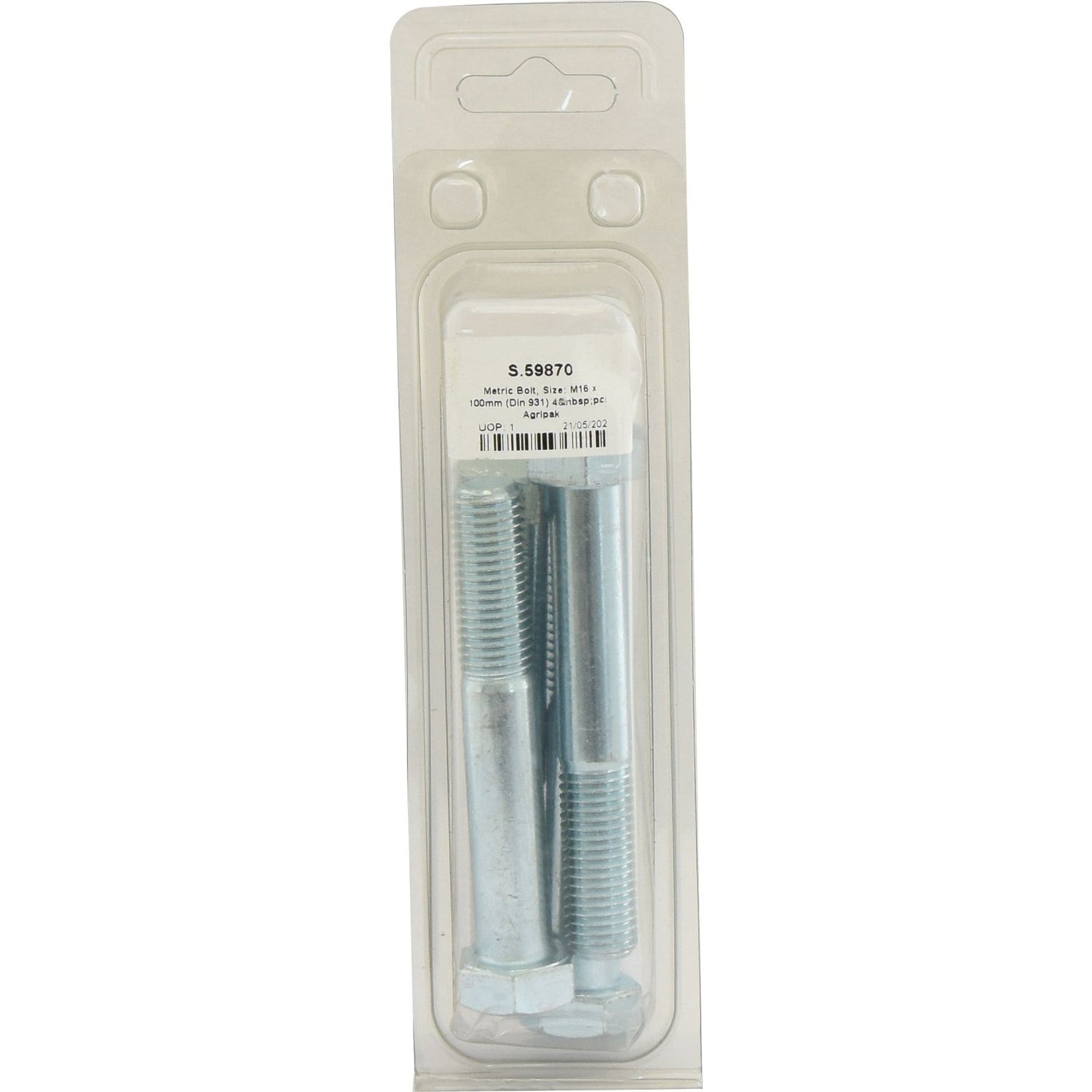 A pack of four silver bolts with washers in clear plastic packaging, labeled "Metric Bolt, M16x100mm (DIN 931) 4 pcs. Agripak" under Sparex Part No. S.59870, featuring metric coarse threads and zinc-plated for durability, complete with a barcode and product details.