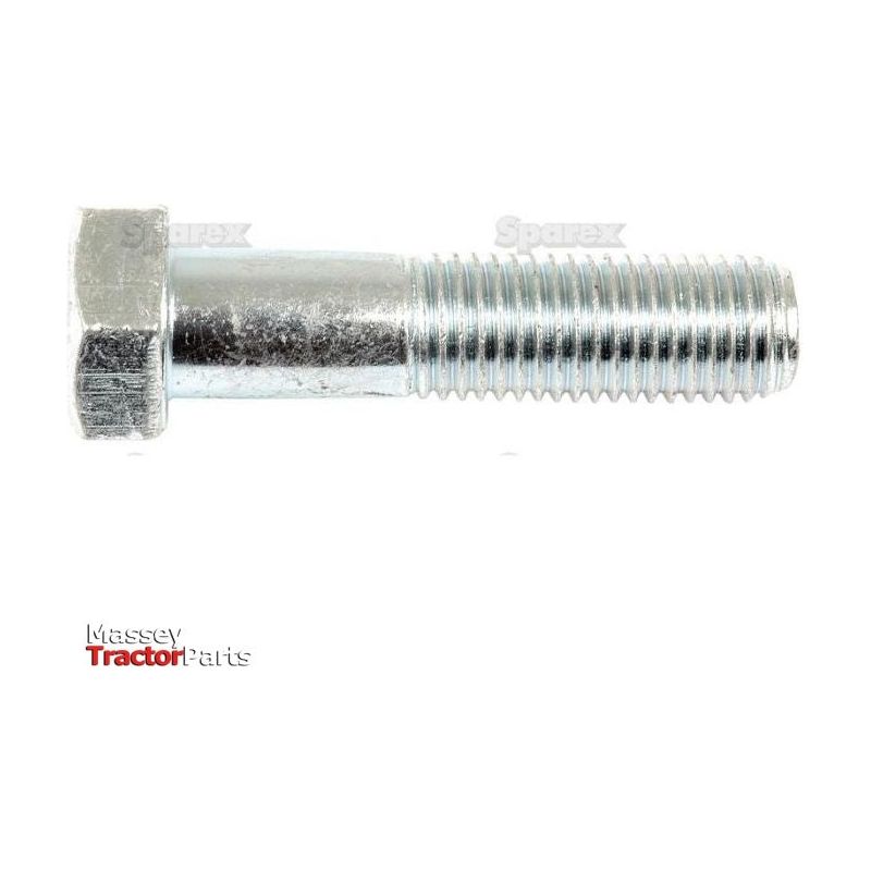 A silver hex bolt, specifically the Metric Bolt M16x65mm (DIN 931) by Sparex (Part No. S.6981), is displayed against a white background. The words "Massey Tractor Parts" appear in the bottom left corner. This Grade 8.8 metric bolt is coated with durable zinc plating, ensuring reliable performance and longevity.