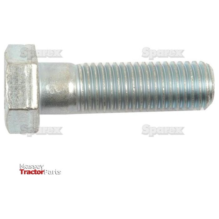 Close-up of a hexagonal bolt with a metallic finish and threaded shaft on a white background, featuring "Sparex" and "Massey Tractor Parts" labels in the background. This Metric Bolt M18x60mm (DIN 931 | Sparex Part No. S.53733) meets DIN 931 standards.