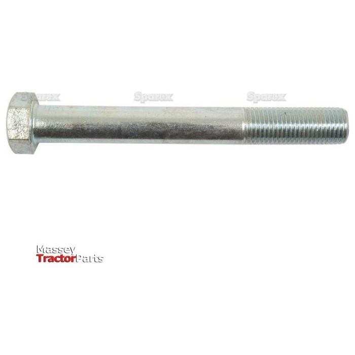 A horizontally positioned zinc-plated metric hex bolt with partial threading is shown against a white background. This bolt, Metric Bolt M22x180mm (DIN 931), conforms to DIN 931 standards and is associated with Sparex under the part number S.53750 for Massey Tractor Parts.