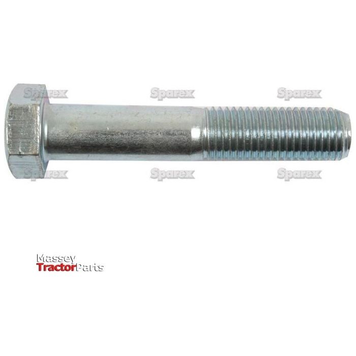 A zinc-plated metal hex bolt with a threaded end, labeled "Sparex" and "Massey Tractor Parts." This metric bolt meets DIN 931 standards.