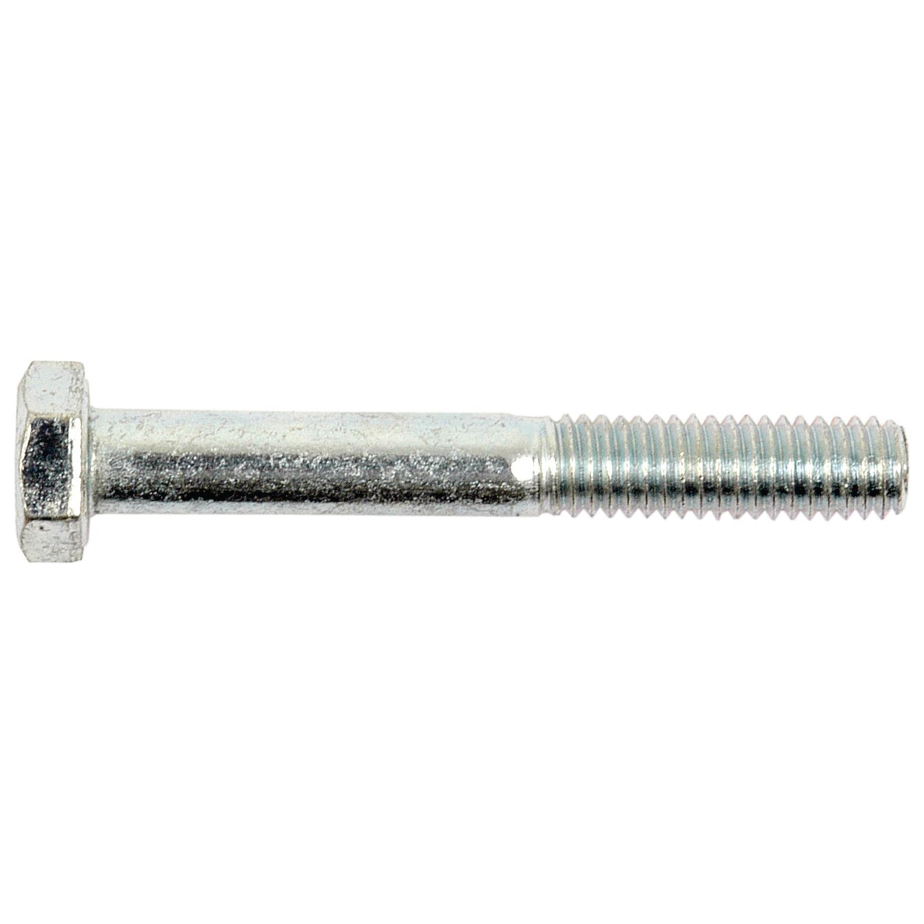 A close-up image of the Sparex Metric Bolt M6x45mm (DIN 931) | Sparex Part No. S.6911, showcasing its zinc-plated hexagonal head and cylindrical shaft with right-side threading, highlighting its impressive tensile strength.